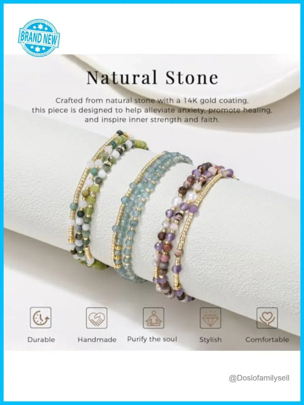 Natural Gemstone Beaded Stretchy Bracelets Stackable 14K Gold Plated Boho